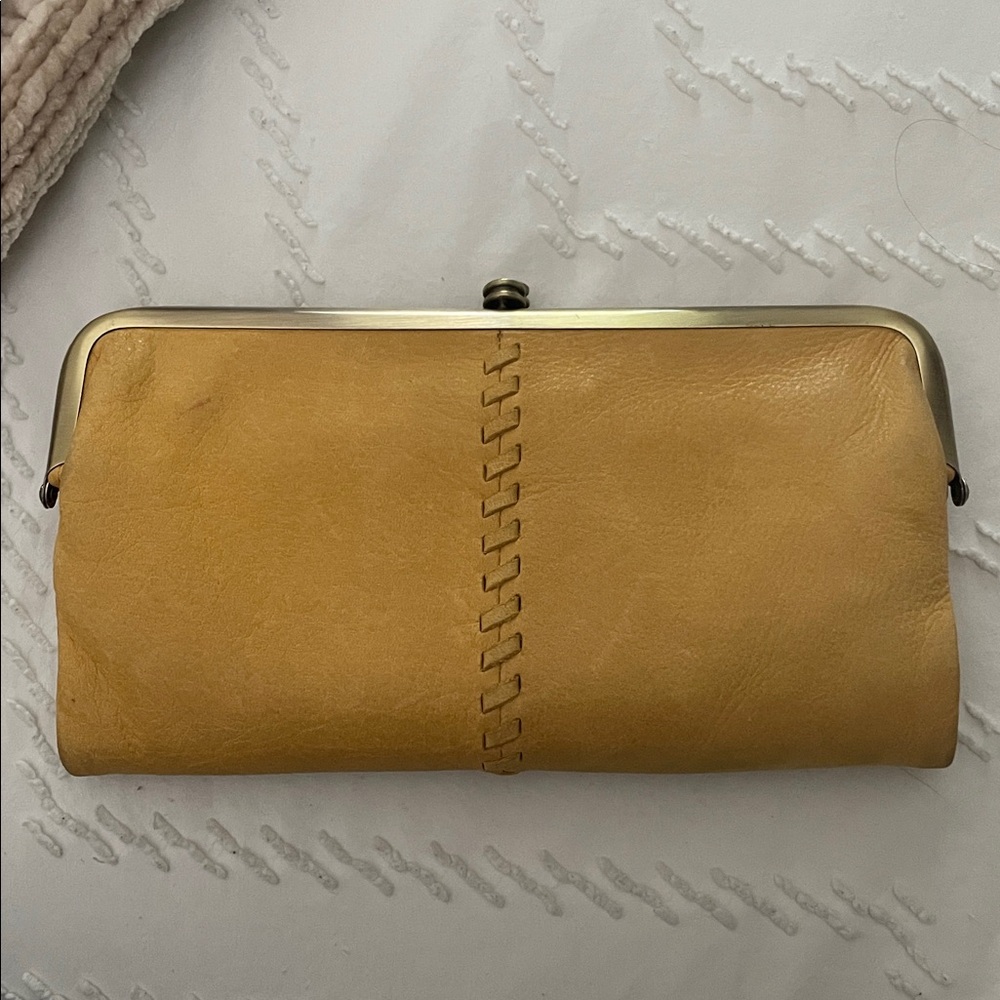 HOBO Mustard/Yellow Suede Clutch Wallet with Brass Frame